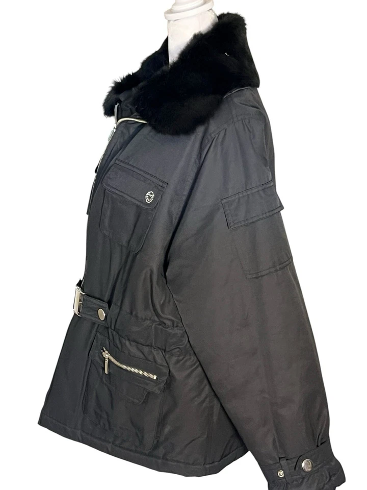 XOXO Mujer’s 90’s Negro XXL Abrigo Cuello de Piel Real Hebilla Cinturón Prada Lookalike  Foto 2 de 4