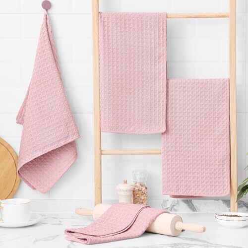 Premium Microfiber Waffle Weave Kitchen Towels, 16 x Pink 16" x 28" - 4 Pack - Picture 5 of 6