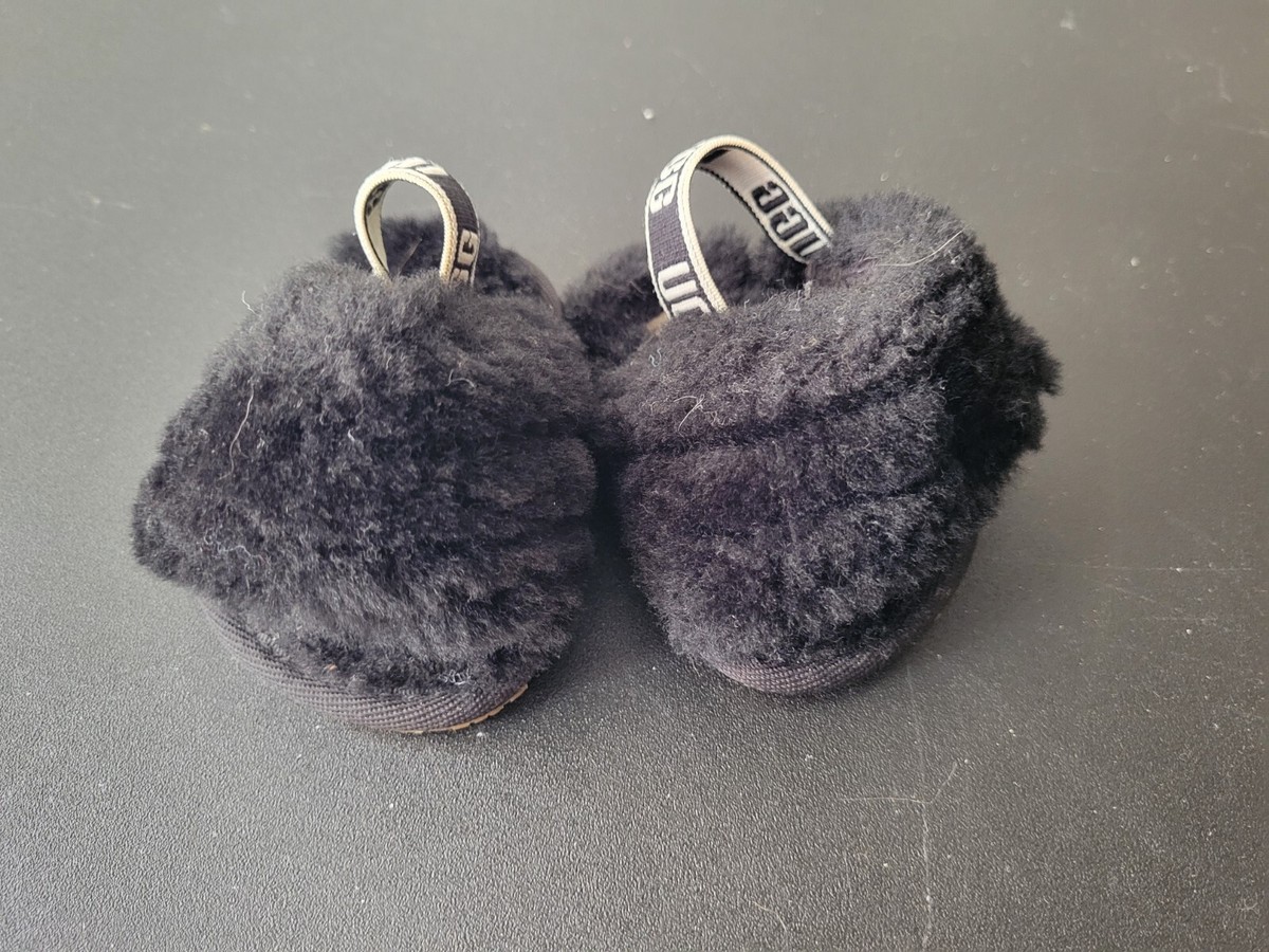 Ugg Fluffy Black Sandals Slides Babies Slip On Sz 0/1 UK