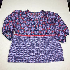 Collective Concepts Peasant Top Ikat Print V-Neck 3/4 Sleeve Blouse MEDIUM