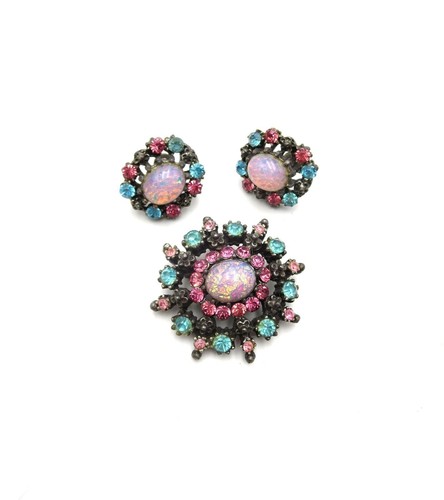 VTG Coro Pink Glass Faux Fire Opal Blue Pink Rhinestone Jewelry Set 1940s - Picture 1 of 9