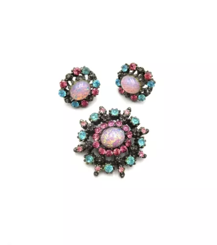 VTG Coro Pink Glass Faux Fire Opal Blue Pink Rhinestone Jewelry Set 1940s
