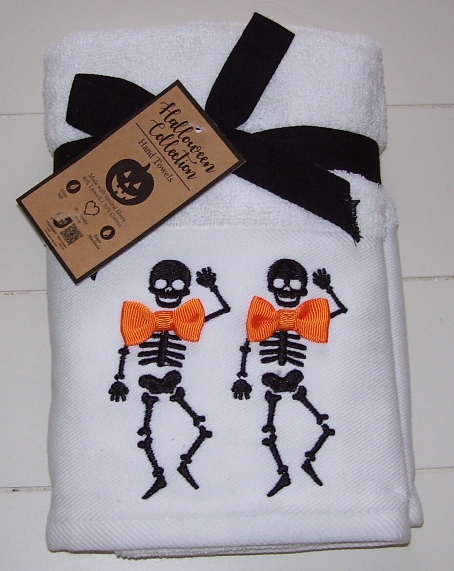 Halloween Skeleton Bow Tie Hand Towels Set of 2 in White and Black