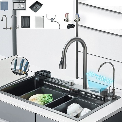 Waterfall Drop In Kitchen Sink Workstation Single Bowl Stainless Steel w/ Faucet - Picture 45 of 187