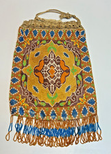 19c.Victorain Antique Beaded Purse Reticule Crochet Drawstring Bag Glass Beads