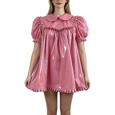 Glossy PVC Babydoll Mini Dress Peter Pan Collar Short Sleeve Ruffle Back Zipper