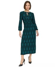 Tommy Hilfiger Tie Neck Ruched Waist Dress Womens Size 20W Green Paisley NEW