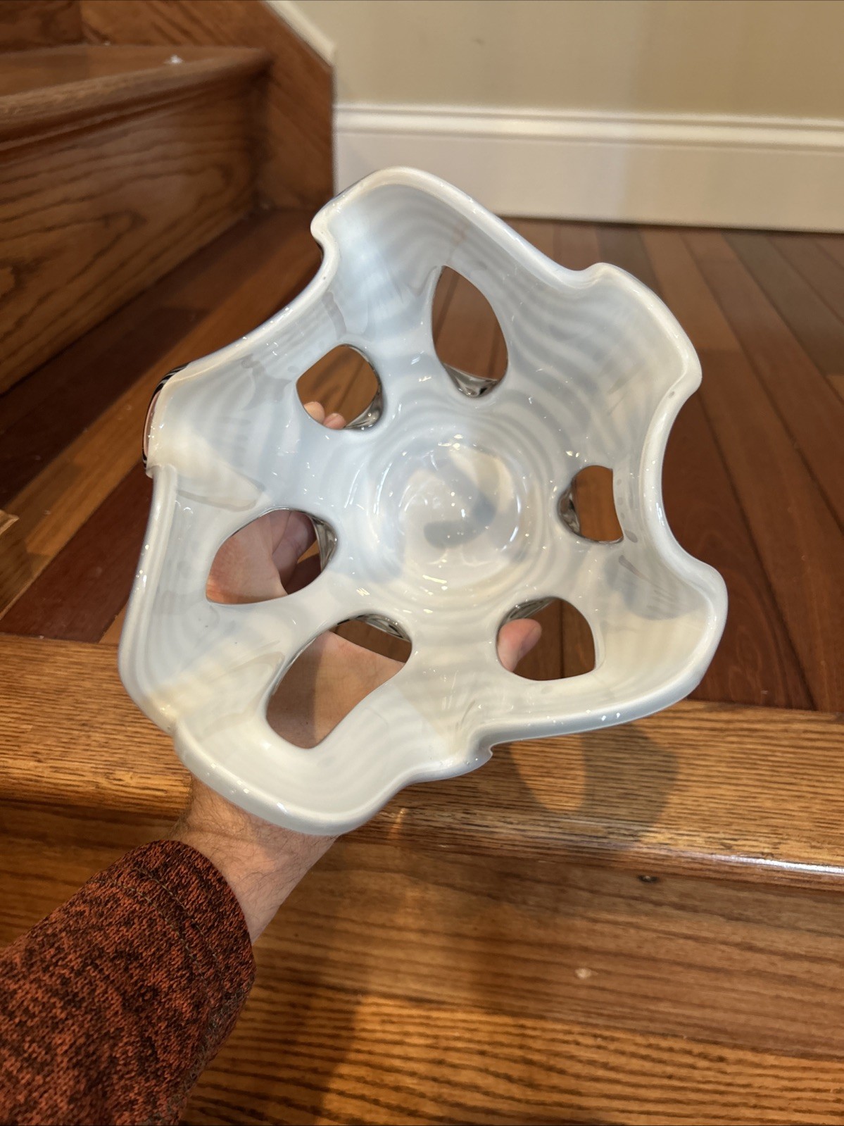 MCM Zorza Art Glass/Candle Holder Hand Made In Poland Black & White Zebra Swirl