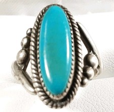 NAVAJO VINTAGE STERLING BRAIDED BEADED TURQUOISE SIZE 5 RING 5.5g