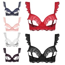 Women's Floral Open Tip Bra Unlined Push-up Ruffled Trim Bralette Top Nightwear