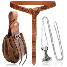 RechicGu 3 Pieces Medieval Viking Leather Belt, Retro Free Size, Brown