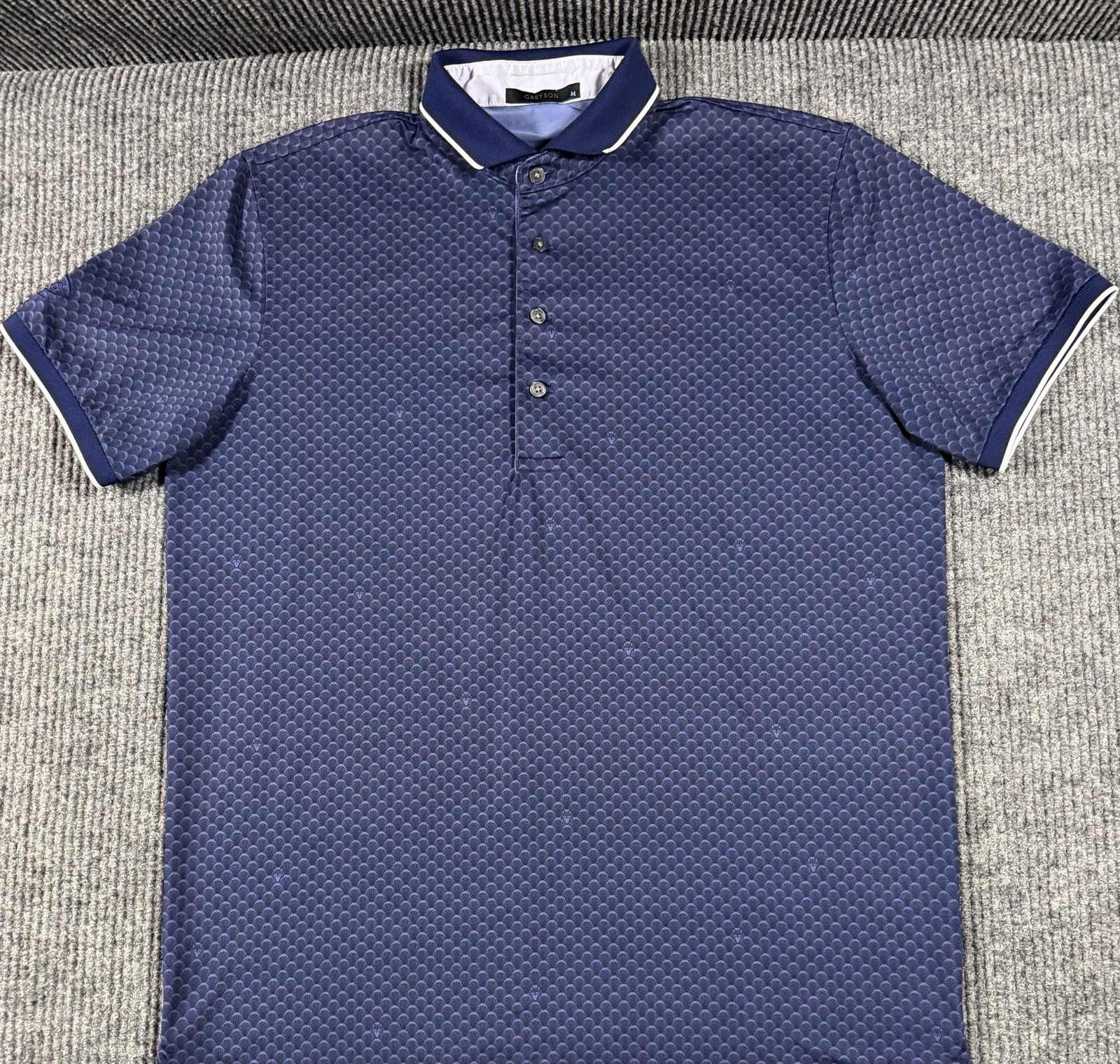 Greyson Polo Shirt Mens Medium Geometric Print Golf Performance Stretch Blue