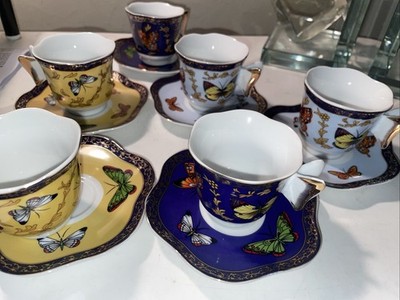 Schwarz & Bloomberg 24k Gold Trimmed Butterfly Expresso Cups and Saucer Set of 6