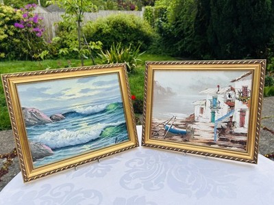 Vintage Meer & Hafen Szenen Küste Gemälde signiert Öl auf Karton 28x23cm