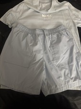 Nike Men's XL Light Blue Striped T-Shirt Shorts Set Polyester Logo