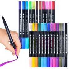 24 Colored Dual Tip Markers Fine  Brush Pens - No Bleeding, Coloring Markers...