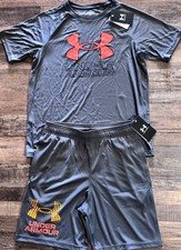 NWT Under Armour YLG Gray/Orange/Black BIG LOGO Shorts Set Large