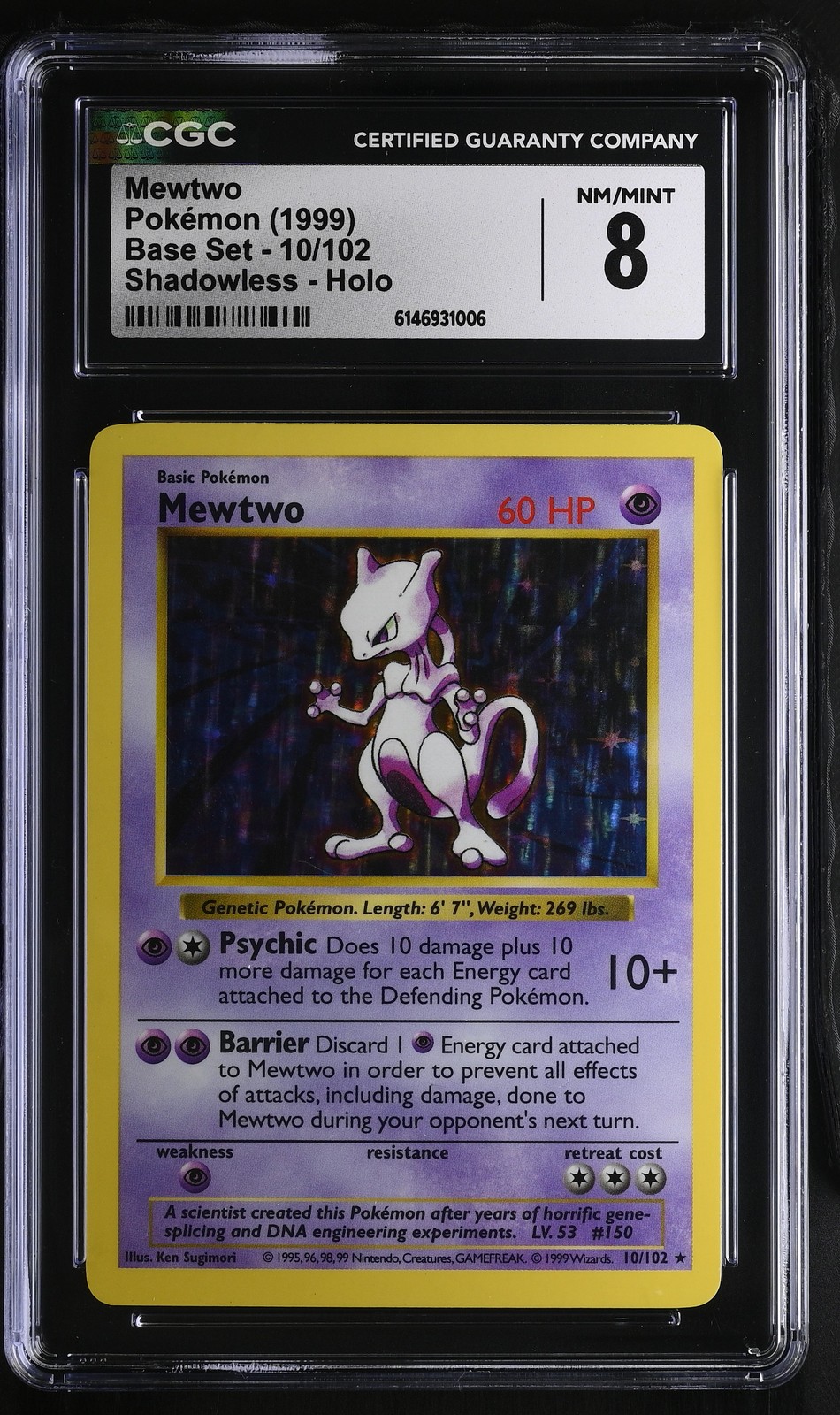 CGC 8 NM/MINT Mewtwo 10/102 Base Set Shadowless Holo Pokemon Card