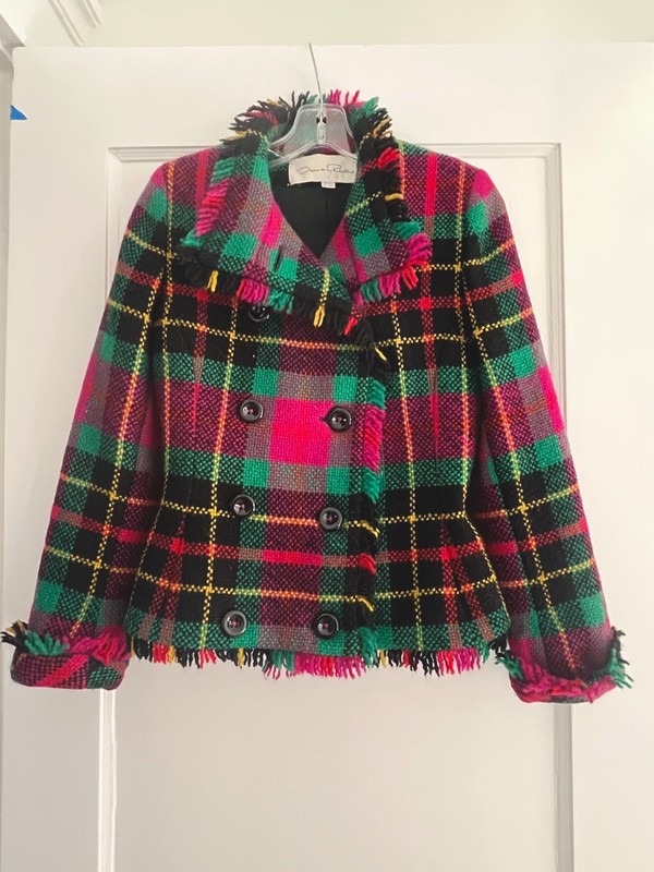 Oscar de la Renta/Multi Color Woven Plaid Wool Fringe Lined Blazer Jacket Coat 6