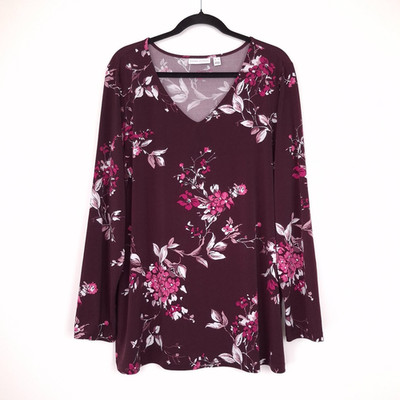 Susan Graver Liquid Knit top floral long sleeve slinky travel office v-neck