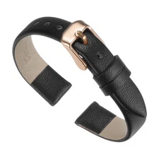 Genuine Leather Band 16mm Flat Leather Watch Strap Black Rose Gold Buckle