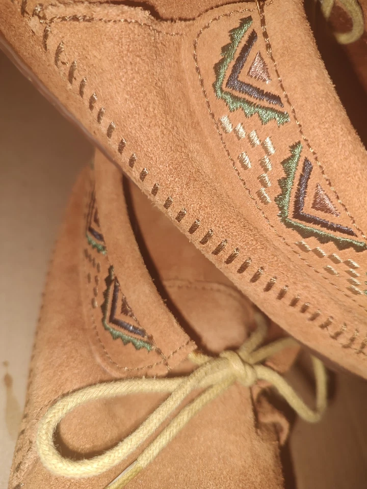 2 Pr.Minnetonka Botín Marrón/Azul Gamuza Mujer Mocasín Talla 8 Limpio Foto 2 de 4