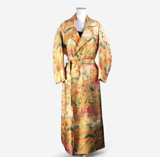 Vintage 1940s Japanese Silk Brocade Robe, Embroidered Crane Floral, Size Large