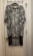 Feather Pattern Open Front Fringe Kimono Duster sz L