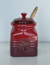 Le Creuset Jelly Jam Honey Jar Pot w Spreader Spatula Cerise Red Ombré Stoneware
