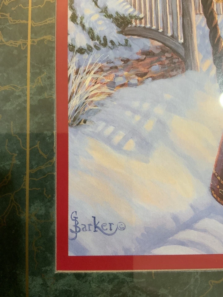 Arte enmarcado de Papá Noel HOMCO G Barker de colección de la década de 1990 madera de cerezo dorado 12” X 15” EE. UU. Foto 3 de 4