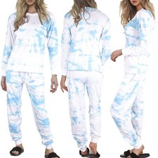 Ladies Pyjamas Tie Dye Print Blue Long Sleeves Top Bottom Lounge Suit For Women