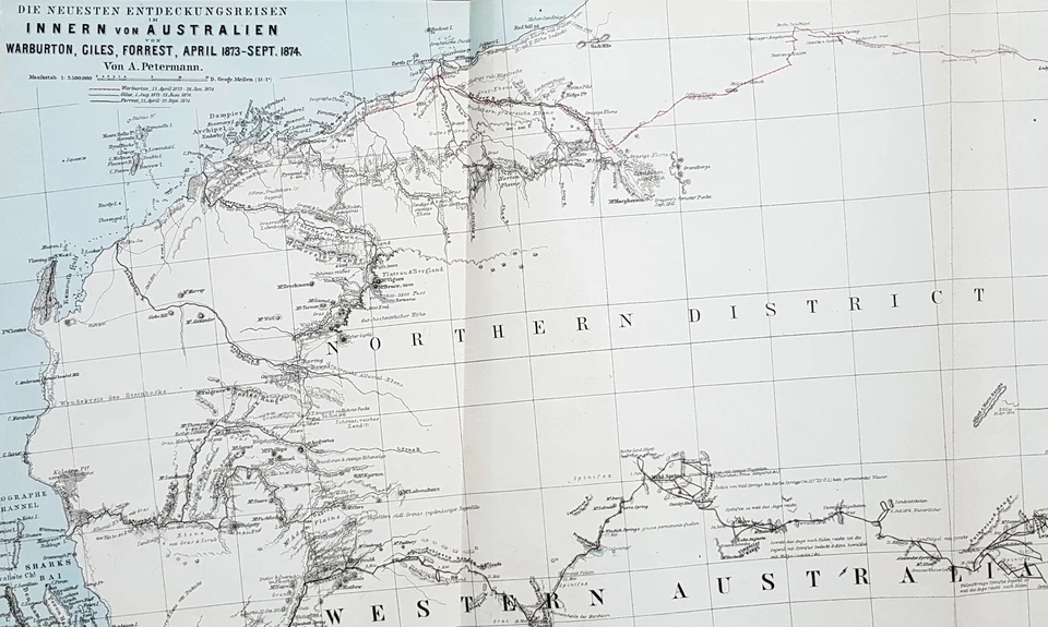 1876 Petermann Antique Map Western & South Australia - Warburton, Giles, Forrest - Image 2 of 2