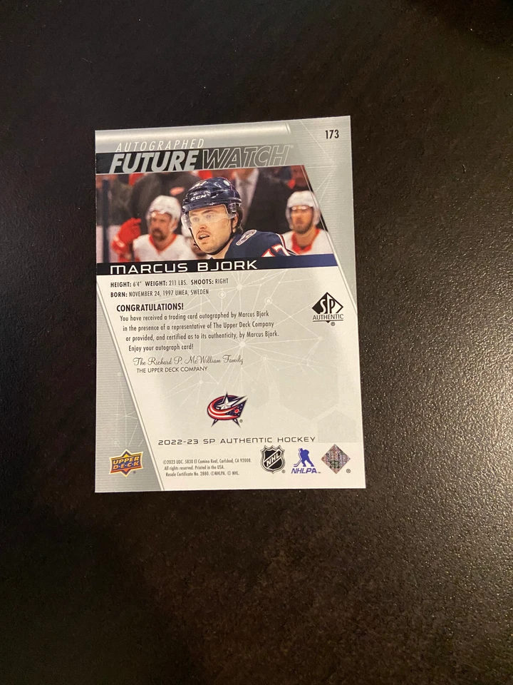 2022-23 SP Authentic Hockey Marcus Bjork Auto Future Watch RC /999 Card #173 - Image 2 of 2