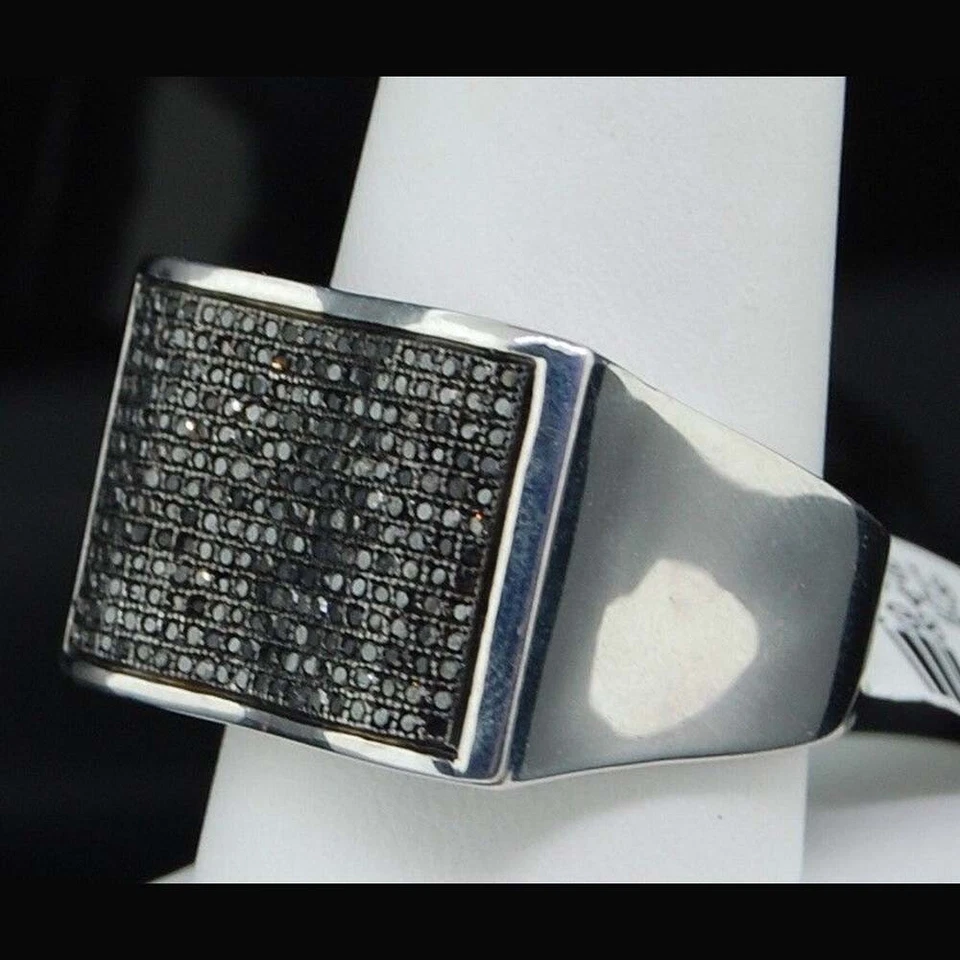 Anillo para hombre 0,85 quilates diamante negro enchapado en oro blanco de 14 quilates llamativo pavé meñique Foto 3 de 4