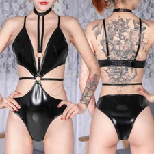 Women's Sexy Backless PVC Leather Leotard Shiny Wet Look Choker Bodysuit Catsuit