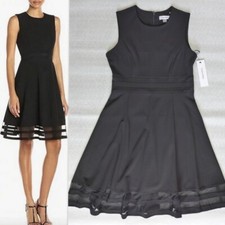 CALVIN KLEIN Women sz 4 Mesh Illusion-trim Sleeveless Fit-and Flare dress Black