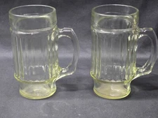 Vintage Ribbed Glass Mug 16oz Clear Handle Heavy Base Set of 2