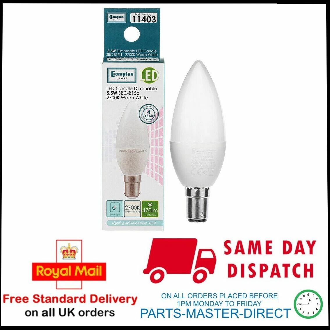 CROMPTON DIMMABLE 5.5W LED CANDLE THERMAL LIGHT BULB WARM WHITE 2700K SBC B15d