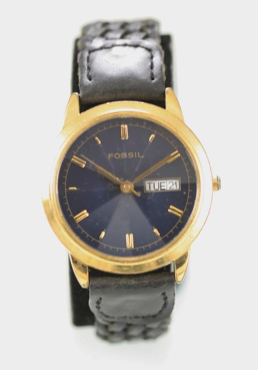 Fossil Watch Men Gold Stainless Black Leather 30m Battery