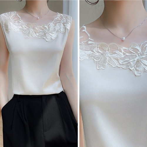Damen elegante seidige Satinweste Spitze Blumenmuster Unterhemd Riemen Top Büroweste Sommer - Bild 9 von 21