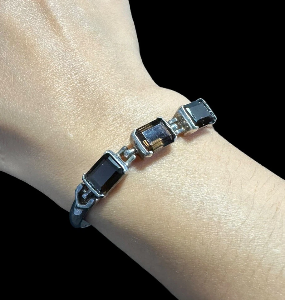 Brazalete de cuarzo ahumado firmado BADAVICI 925 corte rectangular piedras preciosas 6,5 pulgadas Foto 3 de 4