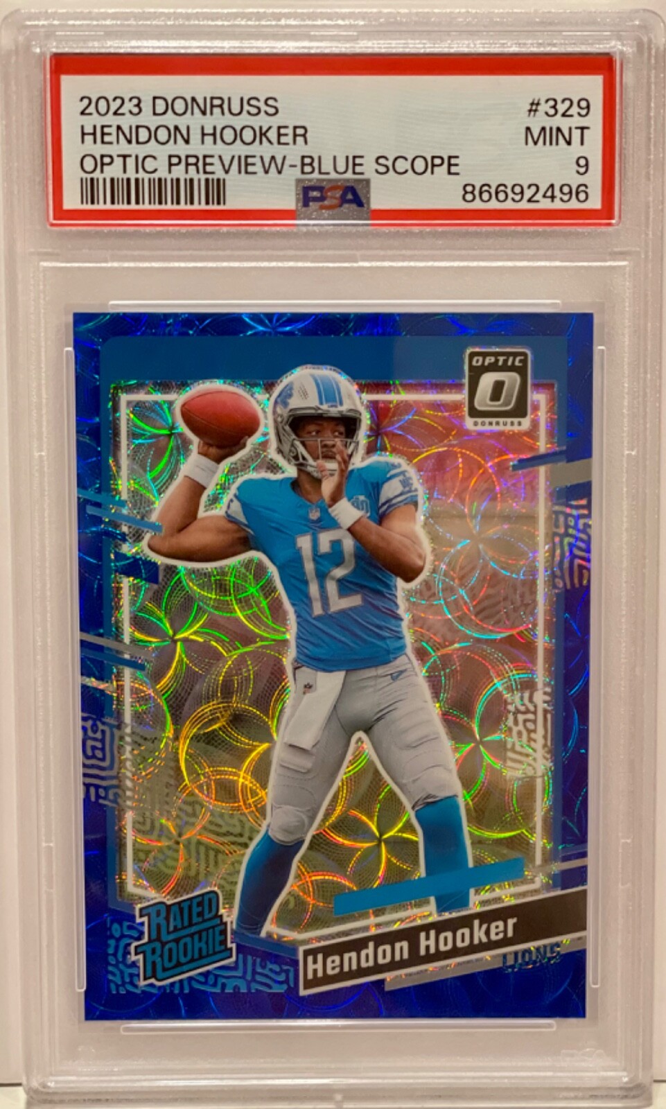 Hendon Hooker Rated Rookie Blue Scope Prizm Optic Preview 2023 Donruss PSA 9
