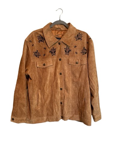 Vintage Denim & Co Women's Brown Suede Floral Leather Jacket Size 1X *READ*