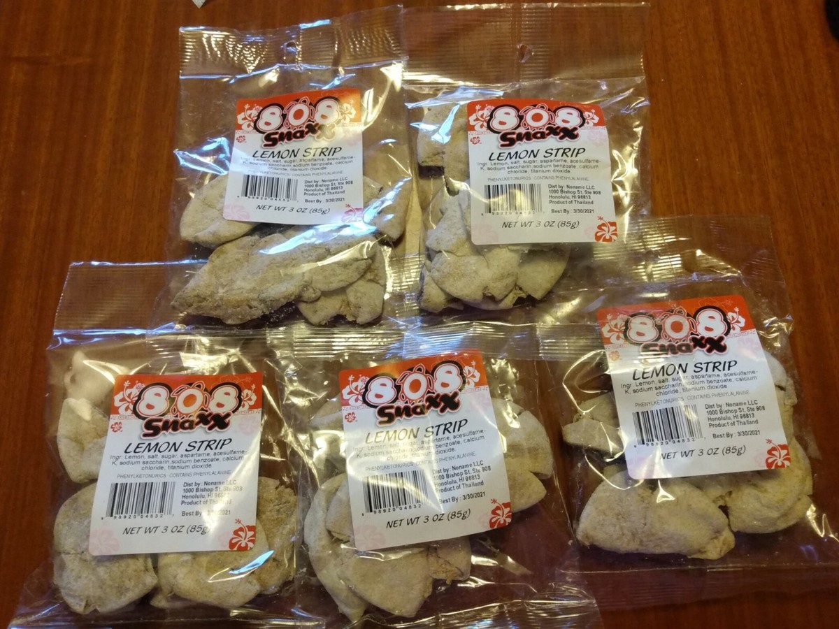 5) FIVE PACKAGES OF 808 SNAXX LEMON STRIPS 3 OZ EACH (READ BELOW