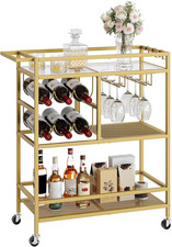 Bar Cart for Home, 3-Tier Beverage Cart with Wine Rack and Glass Holders, Rollin