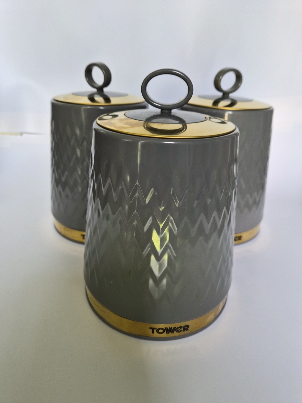 Tower T826091GRY Empire Set of 3 Canisters, a Coffee Sugar, Tea.  Grey And Gold