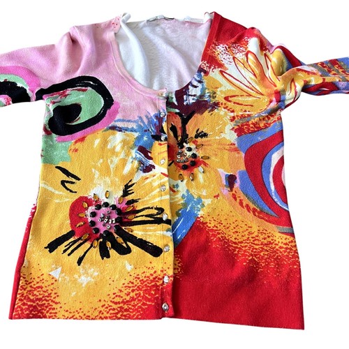 VERTIGO Paris Beaded Vibrant Floral Abstract Cardigan Womens L Art to Wear - Imagen 4 de 7