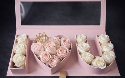 Artificial White & Pink Rose Flower Box Arrangement, Romantic Valentine's Day