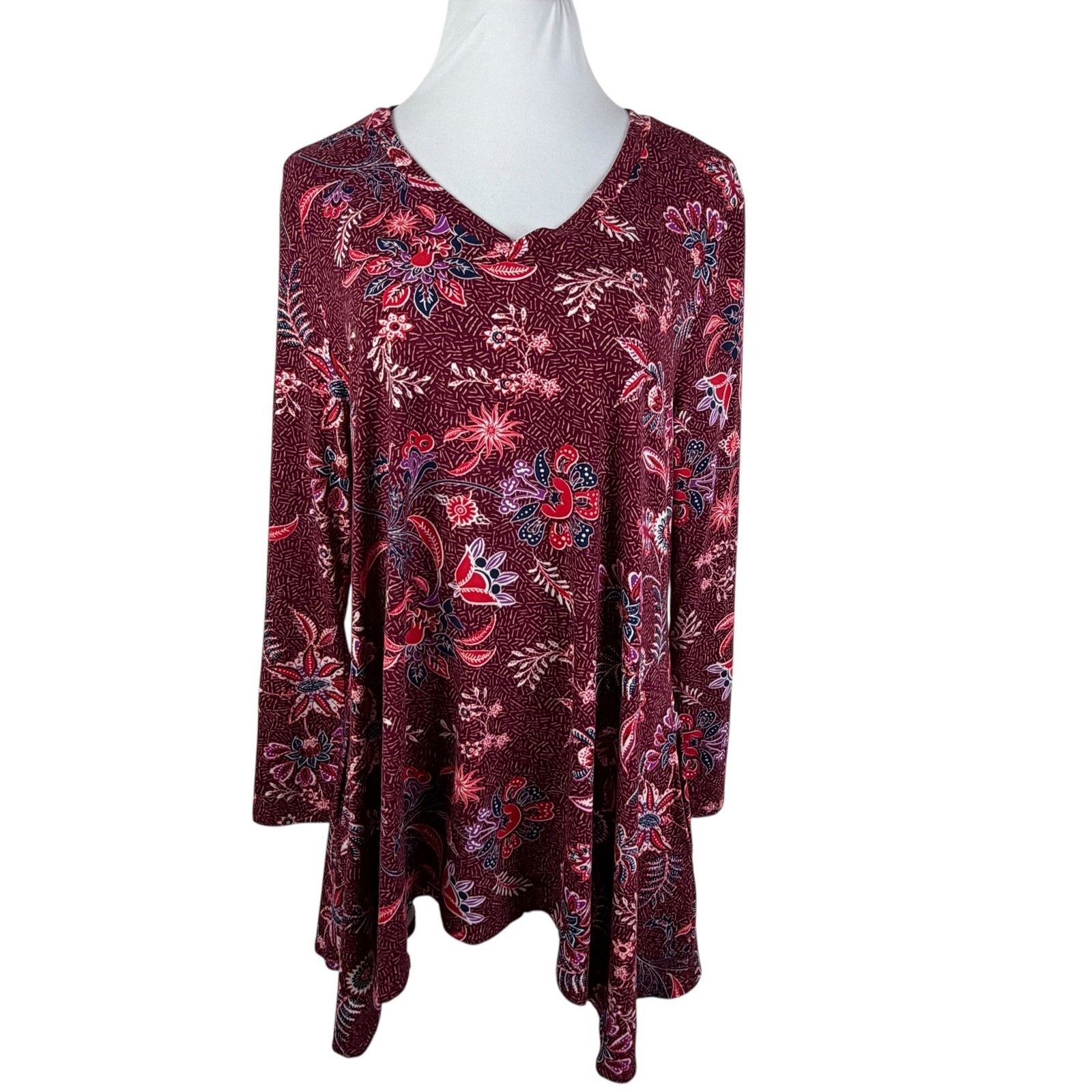 Lildy Burgundy Floral Handkerchief Hem Tunic Top with Pockets Women's L-XL