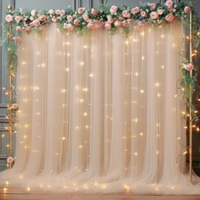 10x10ft Champagne Tulle Backdrop Curtain with Lights String for Parites, Shee...